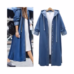 2024 New Spring Autumn Hooded Solid Long Sleeves Denim Women Coat High - L, Blue