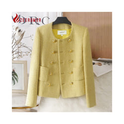 2024 Autumn Winter French Luxury Tweed Jacket Coat Women O-Neck Long S - xL, Yellow