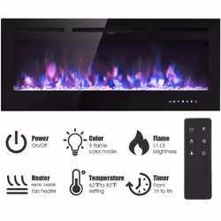 Electric Fireplace 900/1800W Touch Screen Glass Panel Colorful Flame Insert Wall Mounted Heater Remote Control with Crystal&Log Set,Black - 102cm/40"