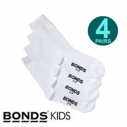 ) Bonds 4 Pairs Kids Boys Girls School Oxford Crew Soft Cotton Rich White Socks R640OO - Shoe Size 5-8 (2-4yrs
