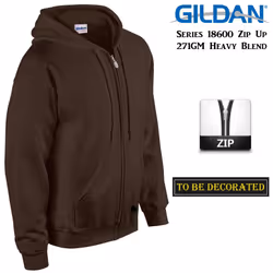 Gildan Dark Chocolate Zip Up Hoodie Hooded Sweatshirt Sweater Fleece - L