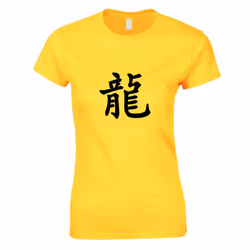 Chinese Dragon Character Caligraphy Word Folk Art Ladies Women T Shirt Tee Top - Yellow, M