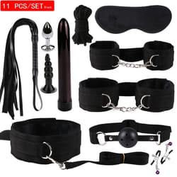 High quality BDSM  Genuine Leather Bondage Set Fetish Handcuffs Collar Gag Whip Erotic Sex Toys For Women Couples Adult Games - 11pcs-Black