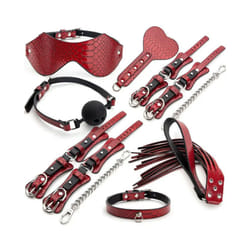 High quality BDSM  Genuine Leather Bondage Set Fetish Handcuffs Collar Gag Whip Erotic Sex Toys For Women Couples Adult Games - 7pcs-Crocodile Red