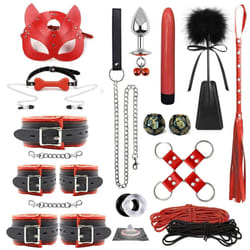High quality BDSM  Genuine Leather Bondage Set Fetish Handcuffs Collar Gag Whip Erotic Sex Toys For Women Couples Adult Games - QY-22pcs-Red