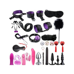 High quality BDSM  Genuine Leather Bondage Set Fetish Handcuffs Collar Gag Whip Erotic Sex Toys For Women Couples Adult Games - 26pcs-Purple