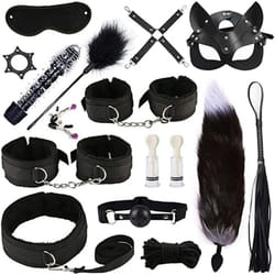 High quality BDSM  Genuine Leather Bondage Set Fetish Handcuffs Collar Gag Whip Erotic Sex Toys For Women Couples Adult Games - 16pcs-Black