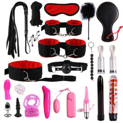 High quality BDSM  Genuine Leather Bondage Set Fetish Handcuffs Collar Gag Whip Erotic Sex Toys For Women Couples Adult Games - 22pcs-Red