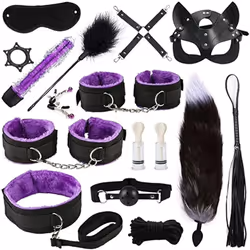 High quality BDSM  Genuine Leather Bondage Set Fetish Handcuffs Collar Gag Whip Erotic Sex Toys For Women Couples Adult Games - 16pcs-Purple