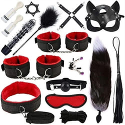 High quality BDSM  Genuine Leather Bondage Set Fetish Handcuffs Collar Gag Whip Erotic Sex Toys For Women Couples Adult Games - 16pcs-Red
