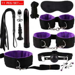 High quality BDSM  Genuine Leather Bondage Set Fetish Handcuffs Collar Gag Whip Erotic Sex Toys For Women Couples Adult Games - 11pcs-Purple