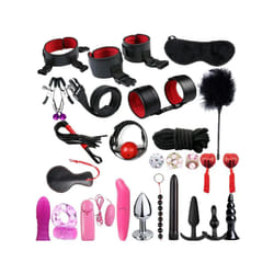 High quality BDSM  Genuine Leather Bondage Set Fetish Handcuffs Collar Gag Whip Erotic Sex Toys For Women Couples Adult Games - 26pcs-Red