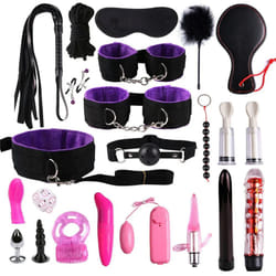 High quality BDSM  Genuine Leather Bondage Set Fetish Handcuffs Collar Gag Whip Erotic Sex Toys For Women Couples Adult Games - 22pcs-Purple