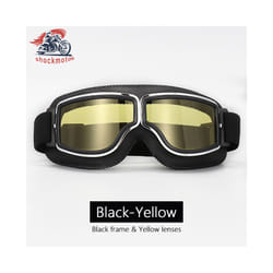 Universal Motorcycle Vintage Goggles Leather Motorbike Scooter Biker Moto - Black-Yellow