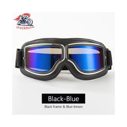 Universal Motorcycle Vintage Goggles Leather Motorbike Scooter Biker Moto - Black-Blue
