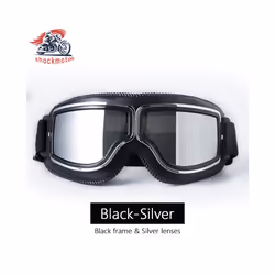 Universal Motorcycle Vintage Goggles Leather Motorbike Scooter Biker Moto - Black-Silver