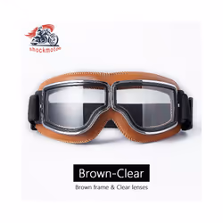 Universal Motorcycle Vintage Goggles Leather Motorbike Scooter Biker Moto - Brown-Clear