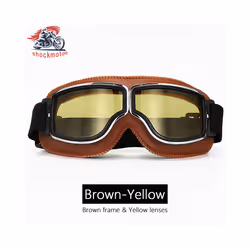 Universal Motorcycle Vintage Goggles Leather Motorbike Scooter Biker Moto - Brown-Yellow