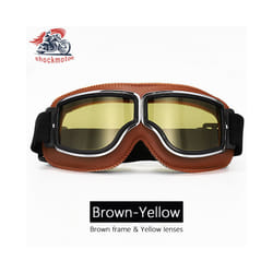 Universal Motorcycle Vintage Goggles Leather Motorbike Scooter Biker Moto - Brown-Yellow