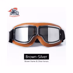 Universal Motorcycle Vintage Goggles Leather Motorbike Scooter Biker Moto - Brown-Silver