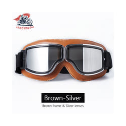 Universal Motorcycle Vintage Goggles Leather Motorbike Scooter Biker Moto - Brown-Silver