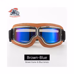 Universal Motorcycle Vintage Goggles Leather Motorbike Scooter Biker Moto - Brown-Blue