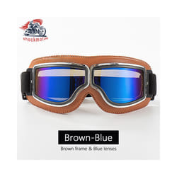 Universal Motorcycle Vintage Goggles Leather Motorbike Scooter Biker Moto - Brown-Blue