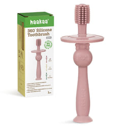 haakaa 360 Baby Toothbrush with Suction Base - Gentle Cleaning for Infant Self-Brushing Training  Food-Grade Silicone  Adjustable Safety Shield - Blus