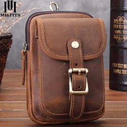 MISFITS Genuine Leather Waist Packs Men Vintage Travel Fanny Pack with Passport Holder Belt Phone Bag for Man Small Hook Bum Bag - brown