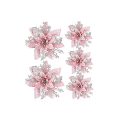 5Pcs Glitter Pink Artificial Flower 14cm Christmas Flowers Head Xmas Tree Ornaments Merry Christmas Decoration New Year For Home