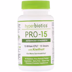 Hyperbiotics, PRO-15, Advanced Strength with Kiwifruit, 15 Billion CFU, 30 Patented Time-Release Tablets