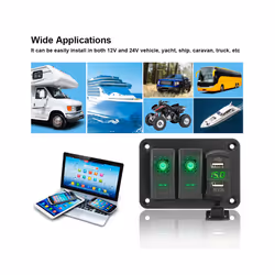 24V 12V 2Gang Switch Panel Light Toggle USB Charger 3.0 Splitter LED Indicator - Blue