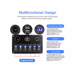 6 Buttons Switch Panel for Car Marine Boat Light Toggle LED Digital Voltmeter - Blue