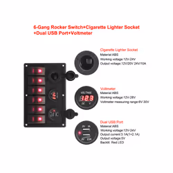 24V 12V 6 Buttons Switch Panel With Digital Voltmeter Tester USB Chargers - 4 IN 1 A