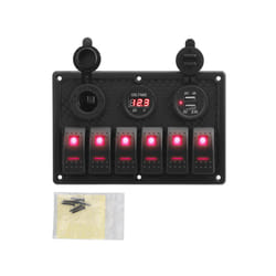 24V 12V 6 Buttons Switch Panel With Digital Voltmeter Tester USB Chargers - 6 gang red