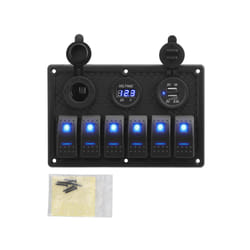 24V 12V 6 Buttons Switch Panel With Digital Voltmeter Tester USB Chargers - 6 gang blue