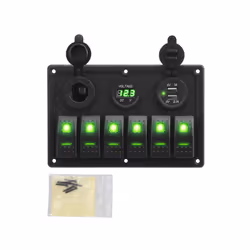 24V 12V 6 Buttons Switch Panel With Digital Voltmeter Tester USB Chargers - 6 gang green