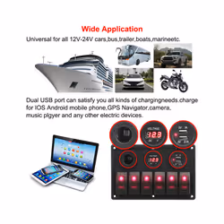 24V 12V 6 Buttons Switch Panel With Digital Voltmeter Tester USB Chargers - 6 gang green