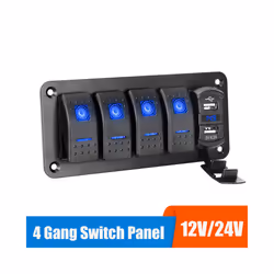 24V 12V Switch Panel 4 Buttons Light Toggle USB Chargers 3.0 Adapter Voltmeter - Blue