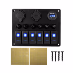 12V 24V 6 Buttons Car Switch Panel 15A Fuse Marine Circuit Breaker Voltmeter - 6 gang blue