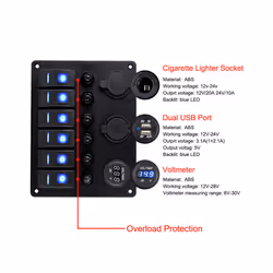12V 24V 6 Buttons Car Switch Panel 15A Fuse Marine Circuit Breaker Voltmeter - 6 gang red
