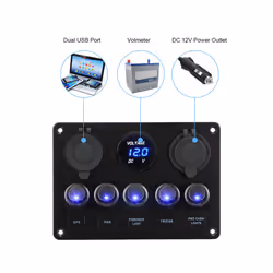 12V 24V 5 Button LED Switch Panel Light Toggle USB Chargers 3.0 Volt Gauge - Blue