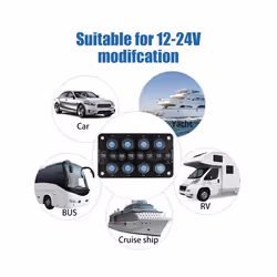 10A Fuse 12V 24V Switch Panel 8 Buttons Light Toggle Blue LED Indicator - Black